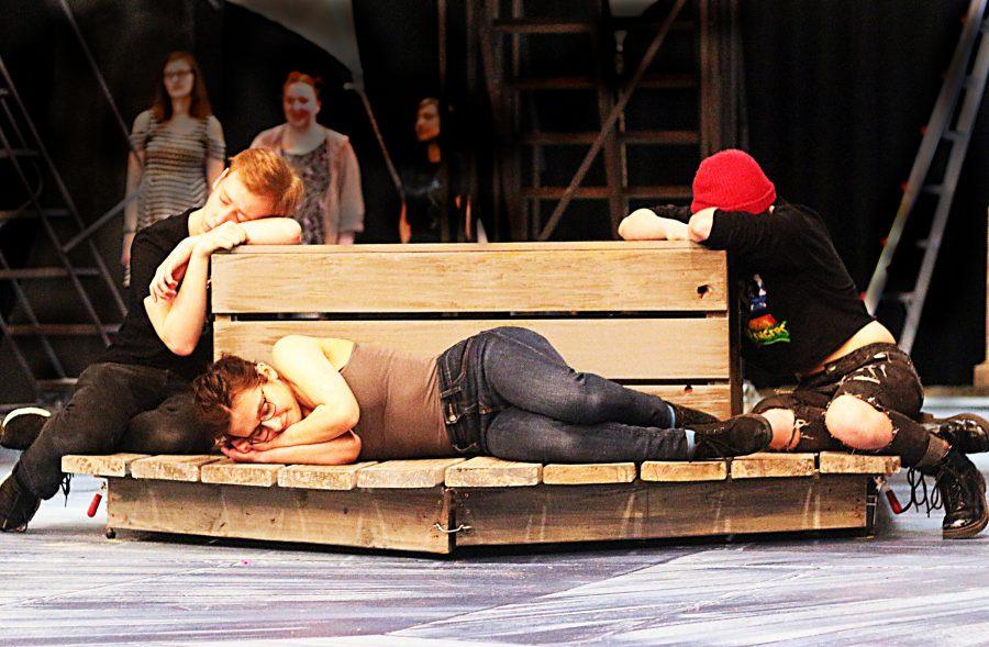 Dan Davis (left), Isabel Zyla (center) and Juliana Marasco (right) rehearse a peaceful scene from "Peter and the Starcatcher." PHOTO: Anita Proudfoot