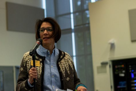 SCC President Cheryl Roberts speaks at a Dec. 5 budget meeting. She took questions from staff on upcoming layoffs as well as the futures of the dental hygiene program and food services. (Photo: Joshua Groom / The Ebbtide)