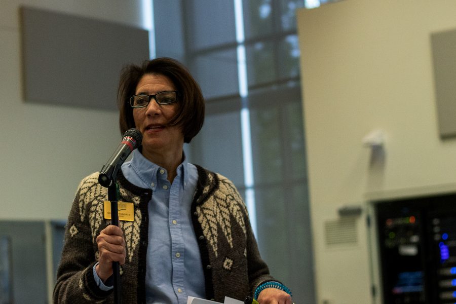 SCC President Cheryl Roberts addresses staff in a Dec. 5, 2019 budget meeting, prior to the pandemic. Those meetings led up to an initial round of $2.3 million cuts. Photo from file.