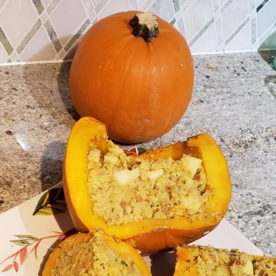 A mini pumpkin with apple stuffing