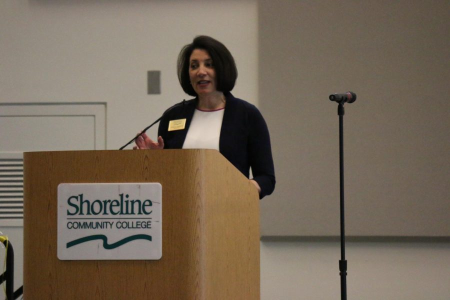 SCC President Cheryl Roberts speaks at an employee anniversary awards luncheon, May 24, 2016.
