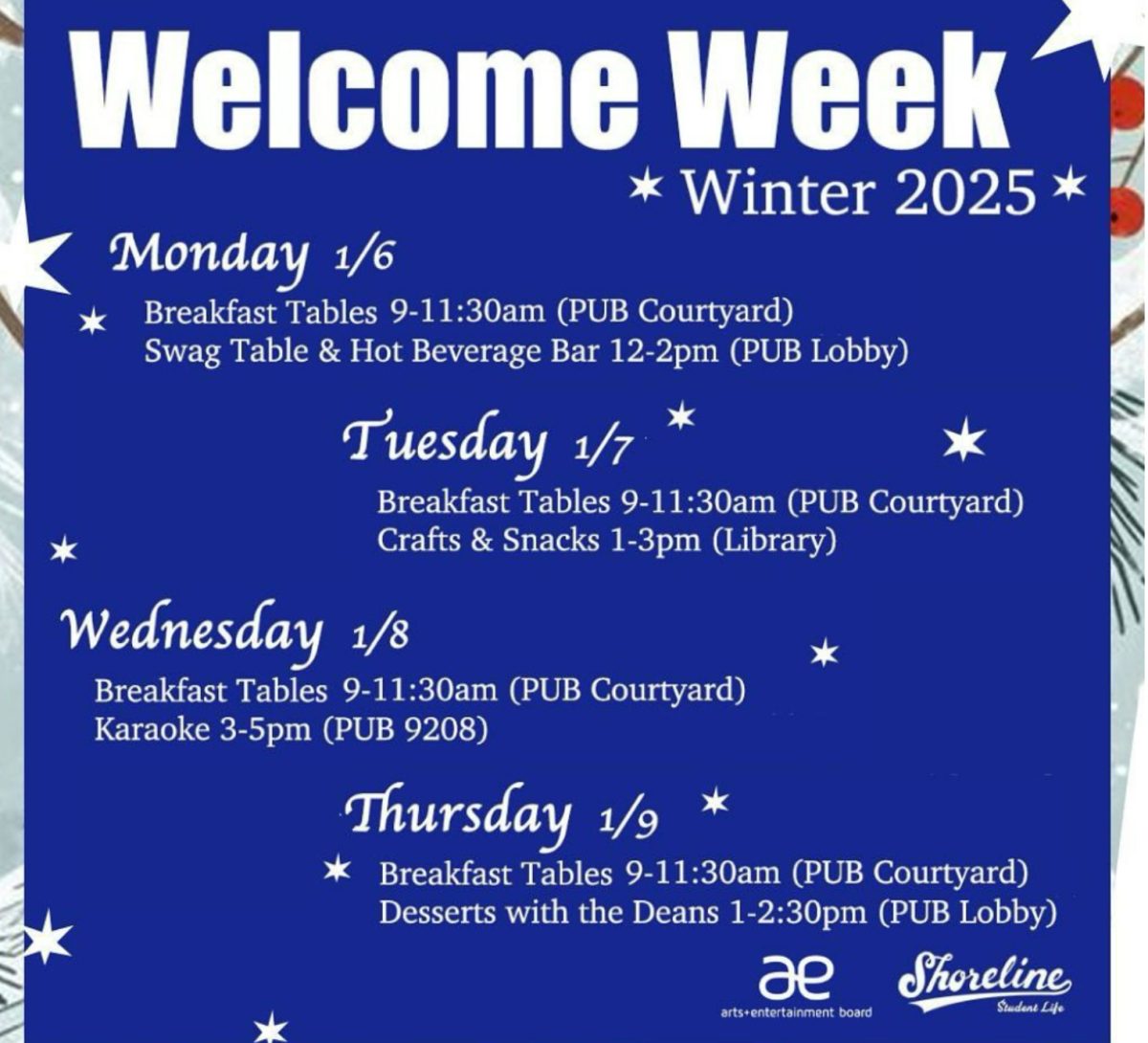 Welcoming Week Winter 2025 poster filled with the different activities students can attend to. 