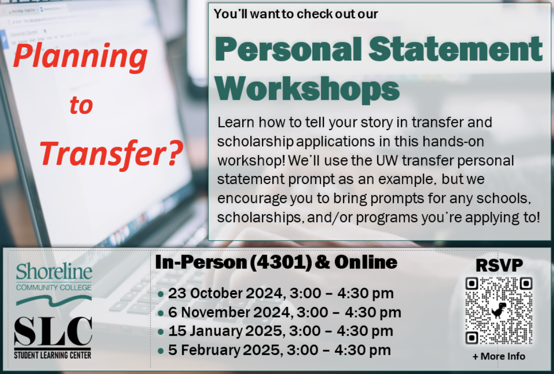 An advertisement for the Personal Statement Workshops found on Shoreline Community College's website.