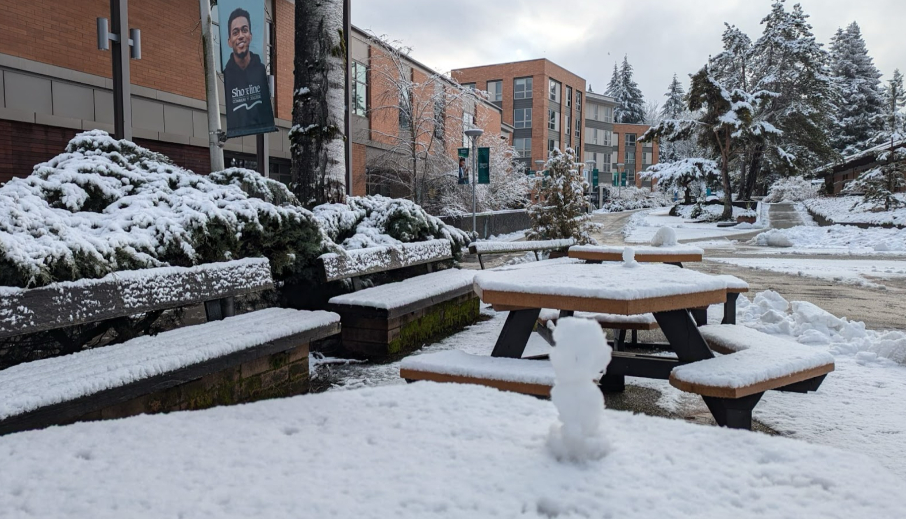 Shoreline Community College covered in snow.