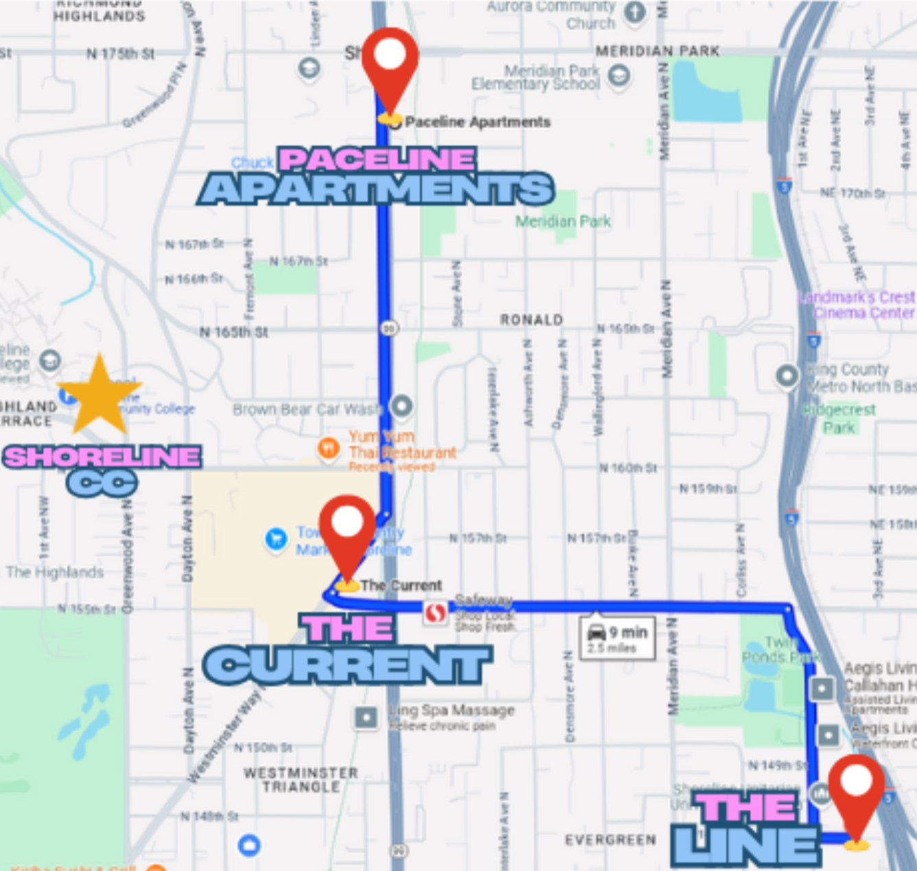 A map of all the three apartments and its distance to the school campus.