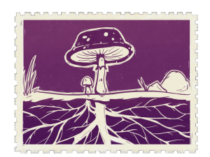 Artwork inspired by the world of fungi, highlighting the hidden mycelium networks that connect life below the surface.
