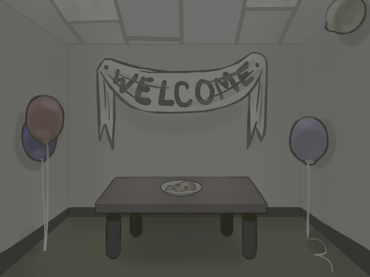 An illustration of a nearly empty room with a “Welcome” banner, a few balloons, and a single plate of food captures the feeling of a low-budget celebration.