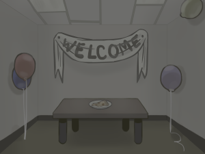 An illustration of a nearly empty room with a “Welcome” banner, a few balloons, and a single plate of food captures the feeling of a low-budget celebration.