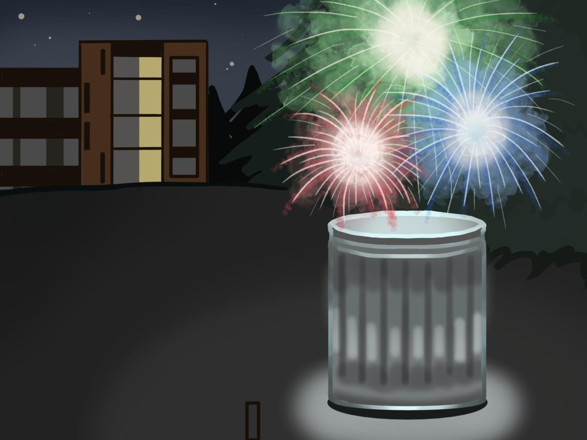 An illustration depicting fireworks erupting dangerously from a trash can in dorm area at night.