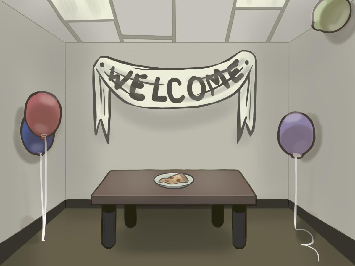 An illustration of a nearly empty room with a “Welcome” banner, a few balloons, and a single plate of food captures the feeling of a low-budget celebration.