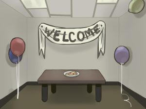 An illustration of a nearly empty room with a “Welcome” banner, a few balloons, and a single plate of food captures the feeling of a low-budget celebration.
