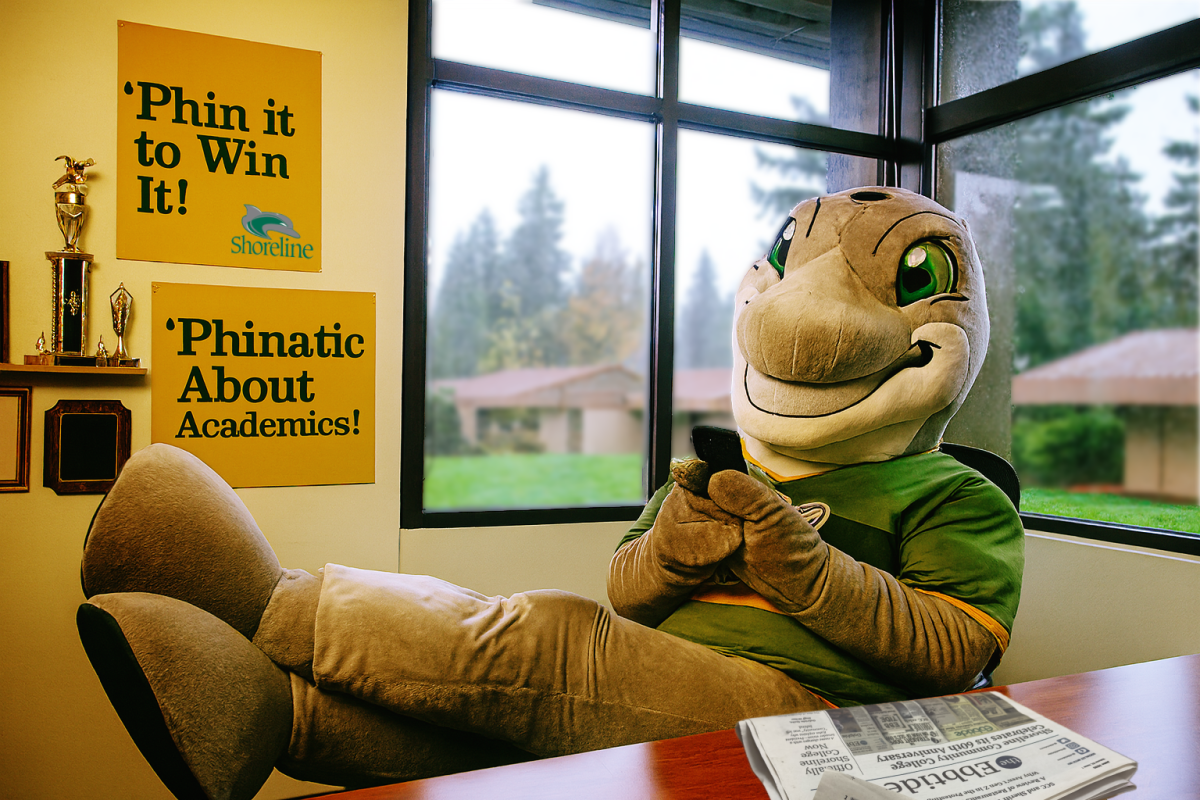 In this AI-generated image (OpenAI ChatGPT Plus) Shoreline College's mascot Dolphie, is seen using a smartphone to send and receive text messages. Shoreline College recently introduced a chatbot SMS-messaging app geared toward student retention, causing confusion for some students who thought it was a scam.