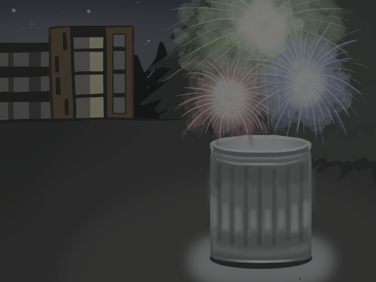 An illustration depicting fireworks erupting dangerously from a trash can in dorm area at night.