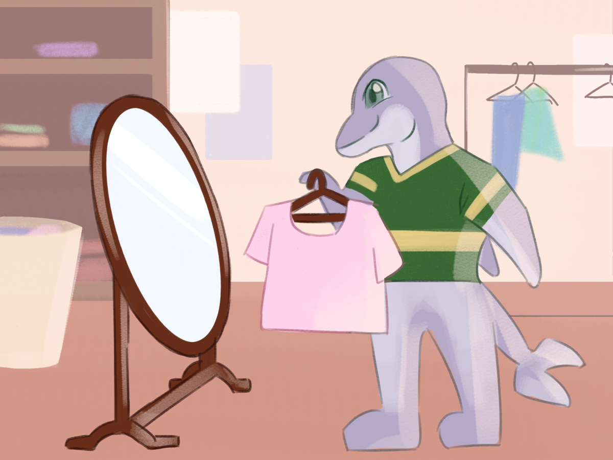 Dolphie trying on clothes.