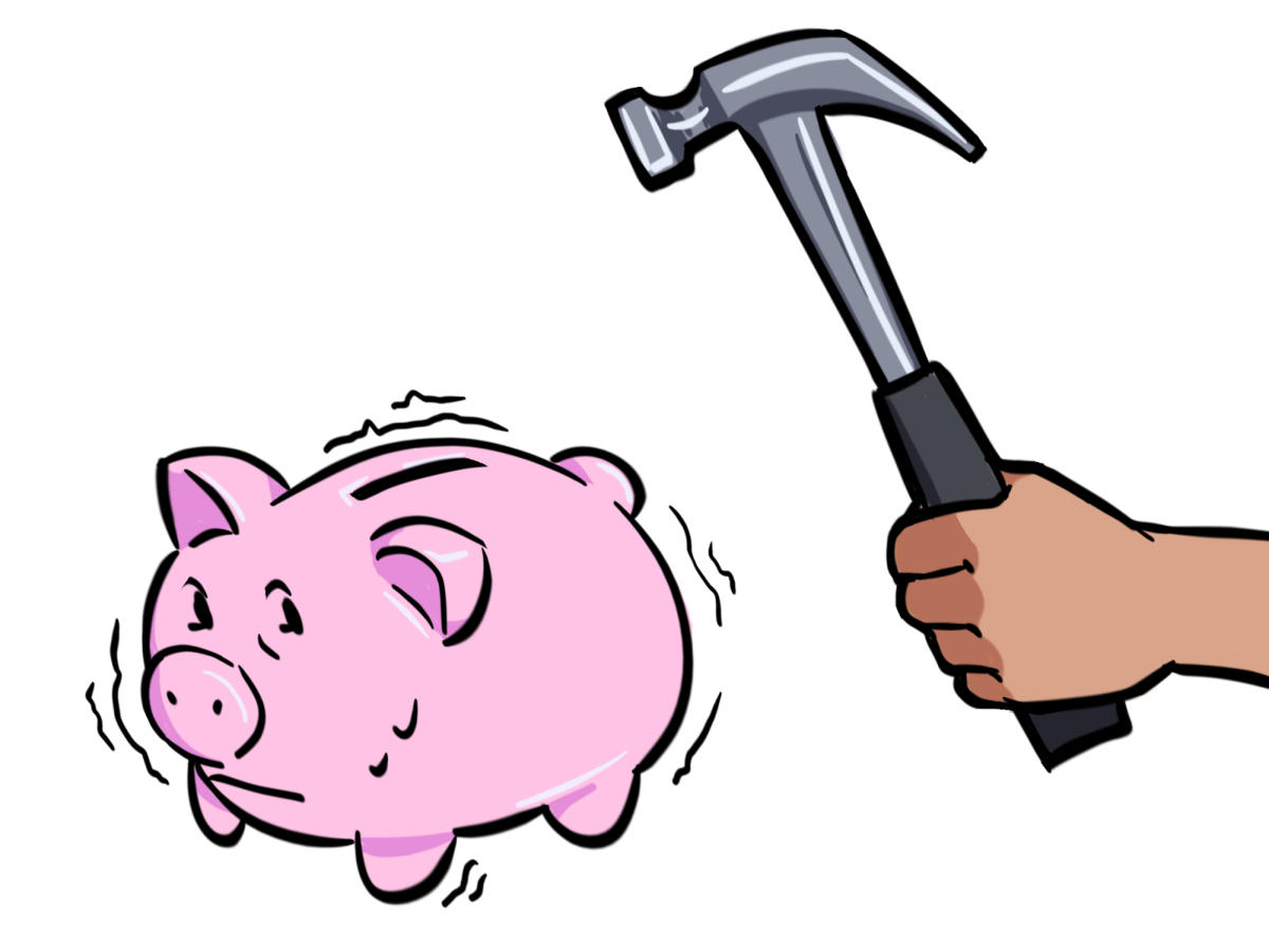 A digital drawing of a quivering piggy bank being smashed open by a hammer. The administration's current solutions to the budget crisis feel too blunt to some, like taking a hammer to quickly retrieve your pocket change.