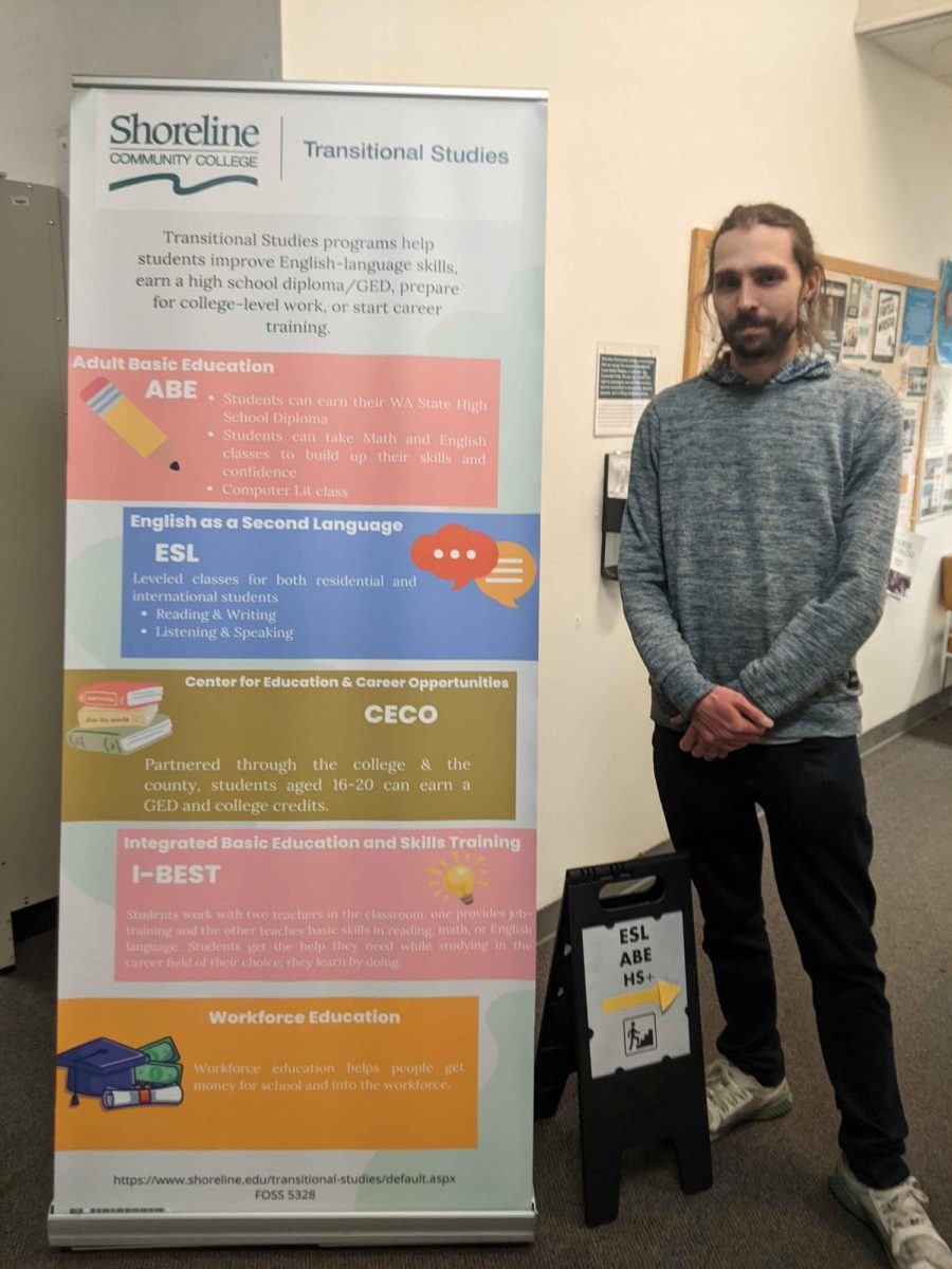 Dennis Smith,Transitional Studies Program Manager, stands solemnly before his department's sign board.