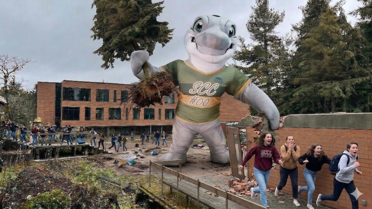Beloved community college mascot Dolphie bulldozes a swath of destruction in this newly-released image from last year. This spring quarter, the completed Bracken Building will open on the site of this senseless destruction.