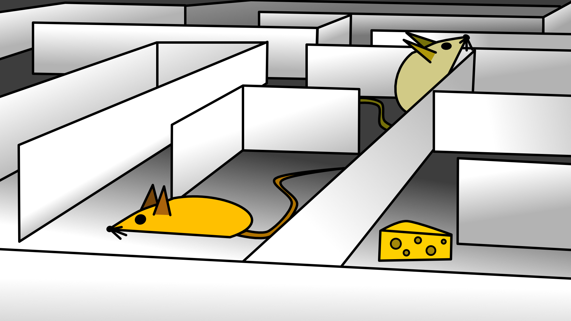 Two mice lost in a maze searching for cheese.